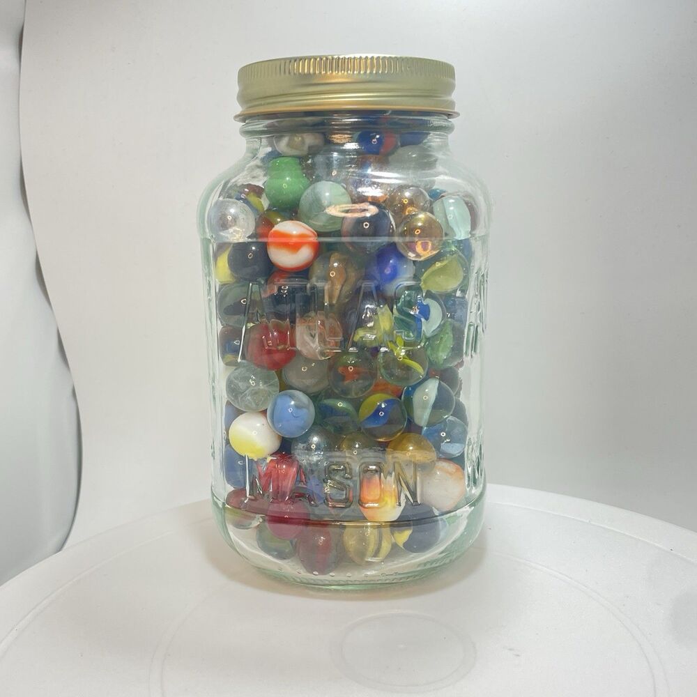 Vtg Glass Marbles Lot in Atlas Mason Jar Mixed Colors Swirls Bulk Common #02